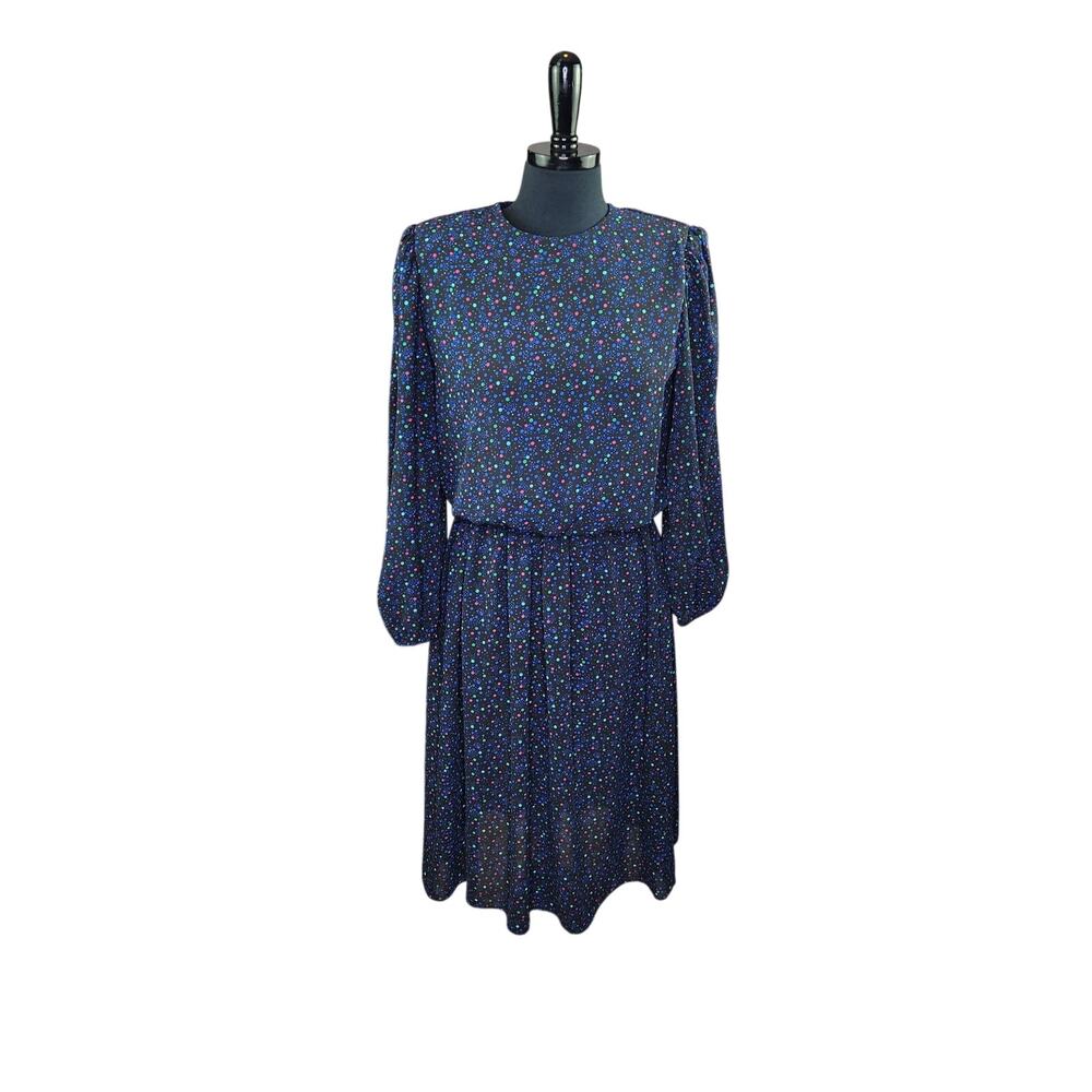 Vintage 70s 80s Cindy Sue Midi Dress Polka Dot Secretary Long Sleeves